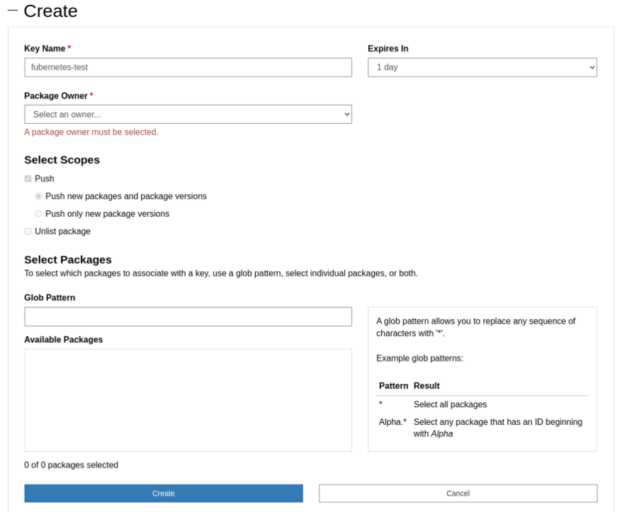 Creating key in NuGet.